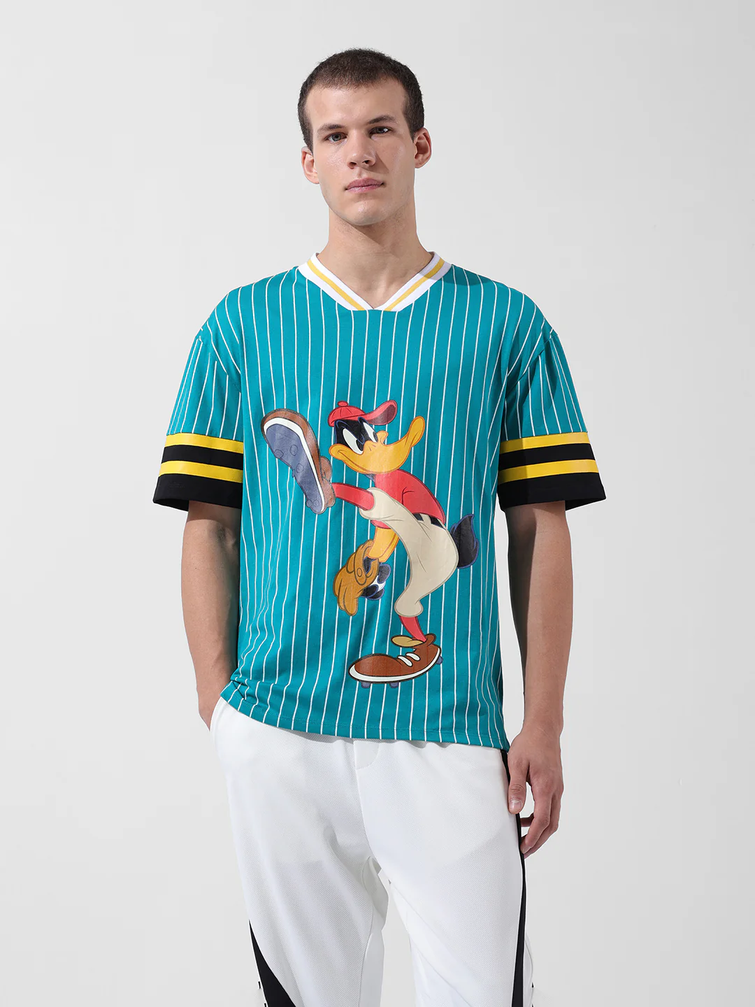 Men's Green Boxy Fit Cartoon Character Printed V-Neck T-Shirt - Image 7