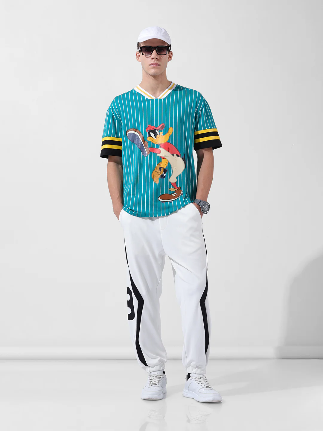 Men's Green Boxy Fit Cartoon Character Printed V-Neck T-Shirt - Image 8