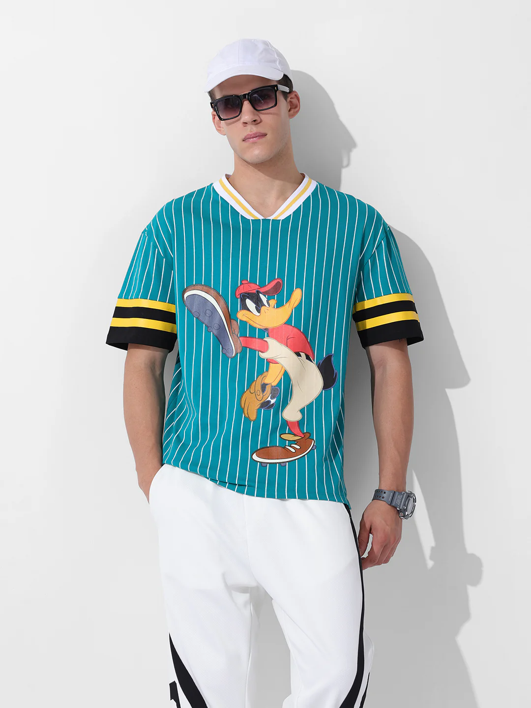 Men's Green Boxy Fit Cartoon Character Printed V-Neck T-Shirt - Image 9