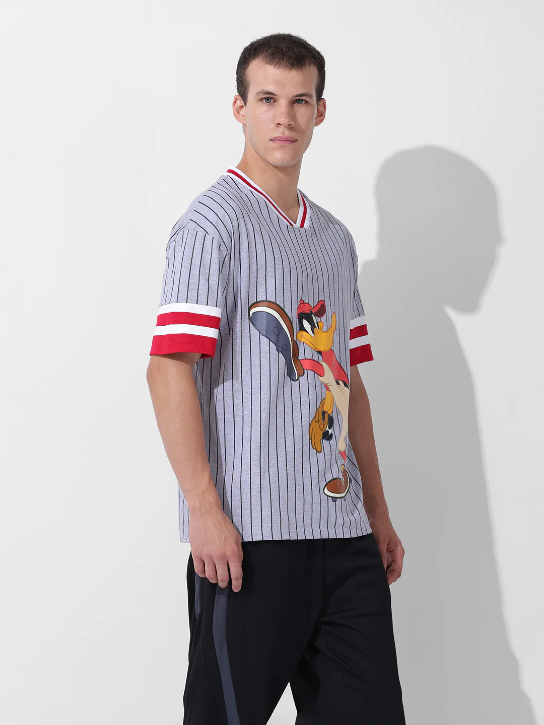 Men's Grey Boxy Fit Cartoon Character Printed V-Neck T-Shirt - Image 2