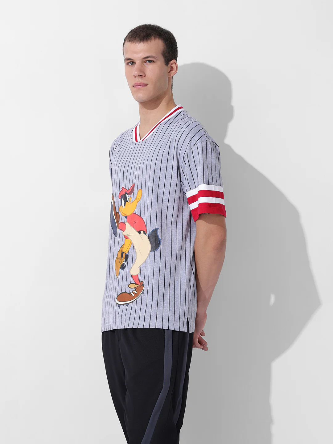 Men's Grey Boxy Fit Cartoon Character Printed V-Neck T-Shirt - Image 3