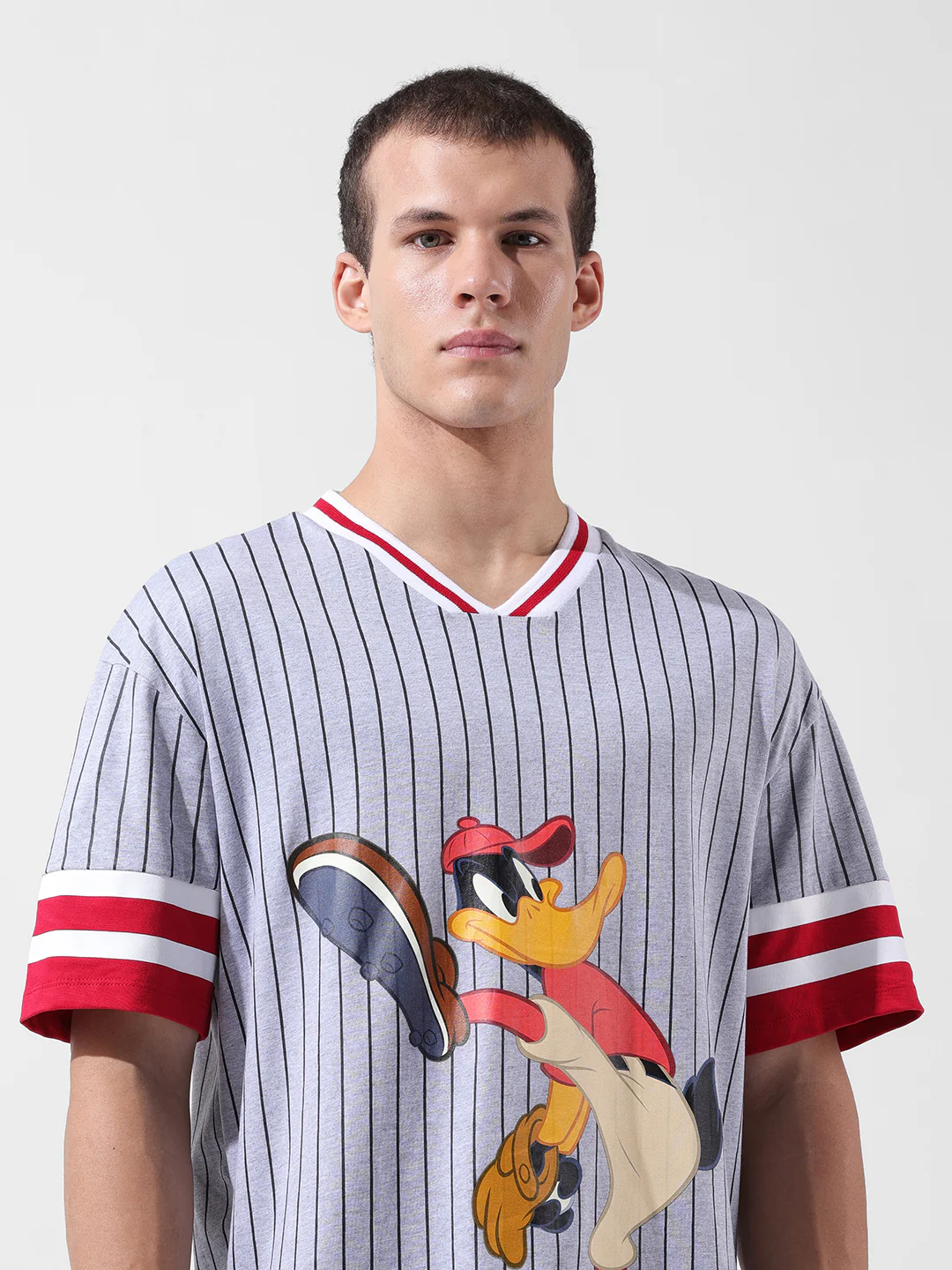 Men's Grey Boxy Fit Cartoon Character Printed V-Neck T-Shirt - Image 4