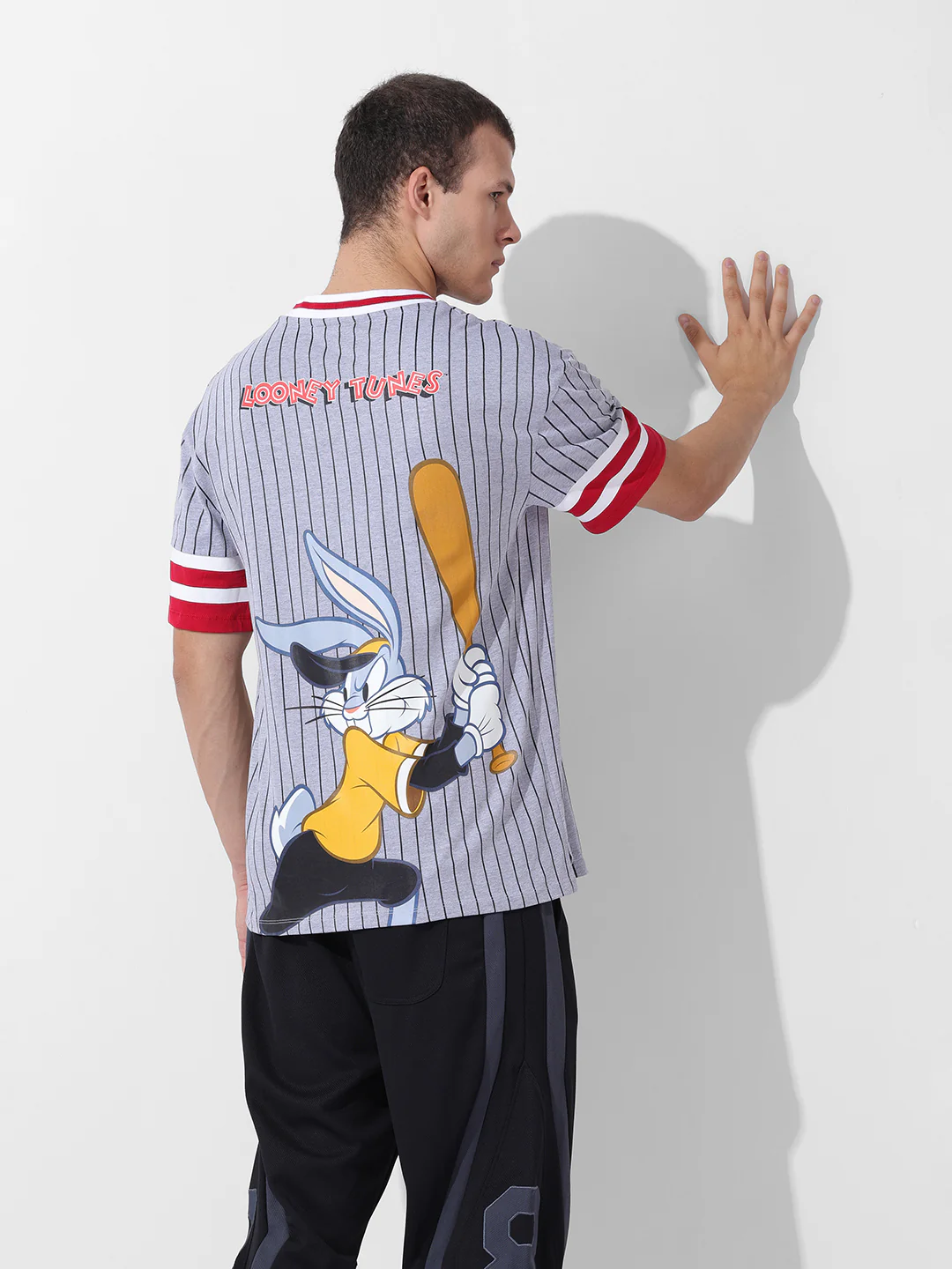 Men's Grey Boxy Fit Cartoon Character Printed V-Neck T-Shirt - Image 6