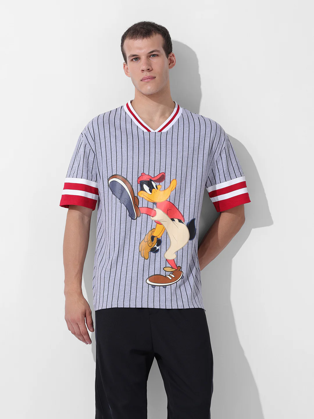Men's Grey Boxy Fit Cartoon Character Printed V-Neck T-Shirt - Image 7