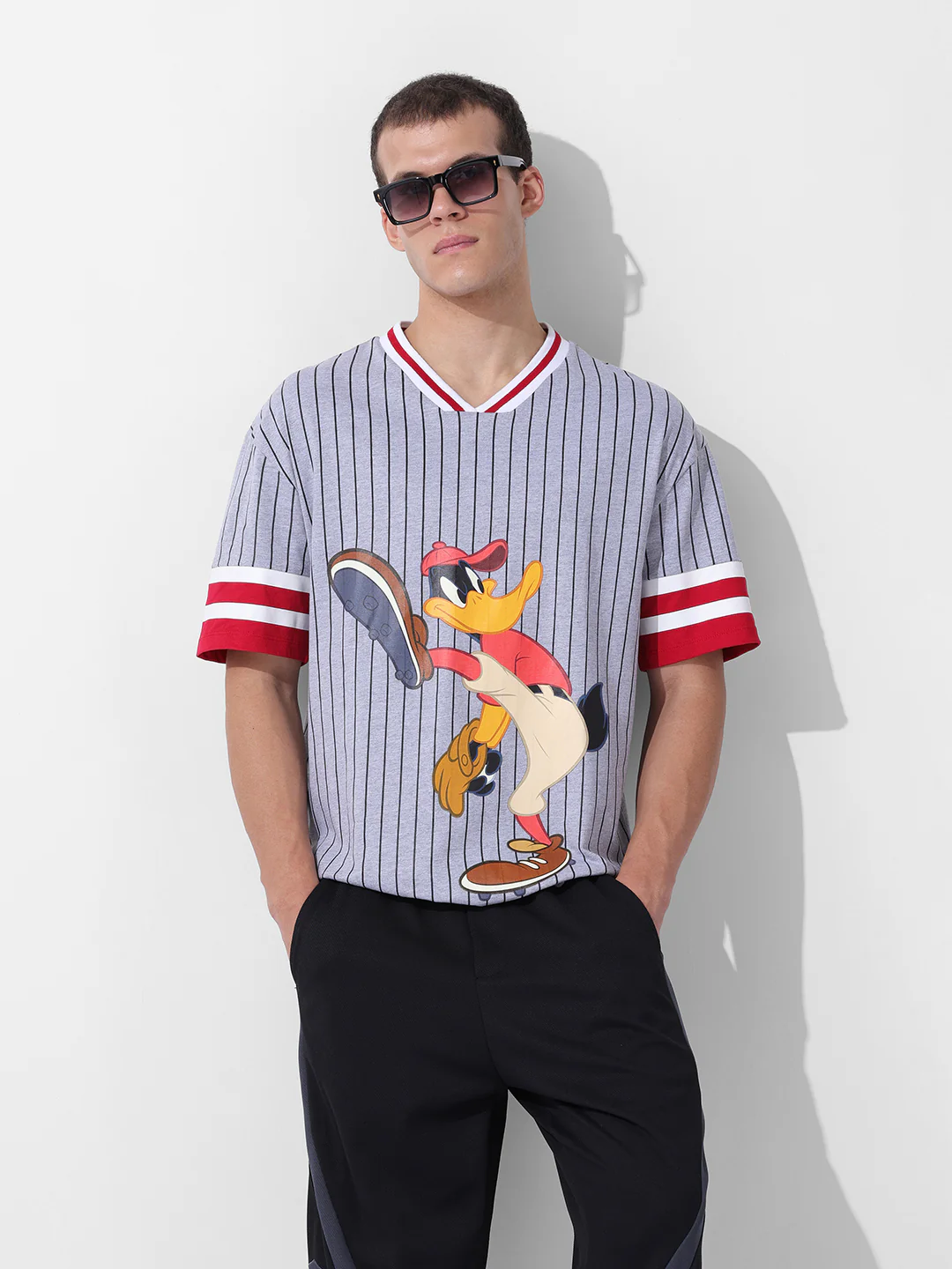 Men's Grey Boxy Fit Cartoon Character Printed V-Neck T-Shirt - Image 8