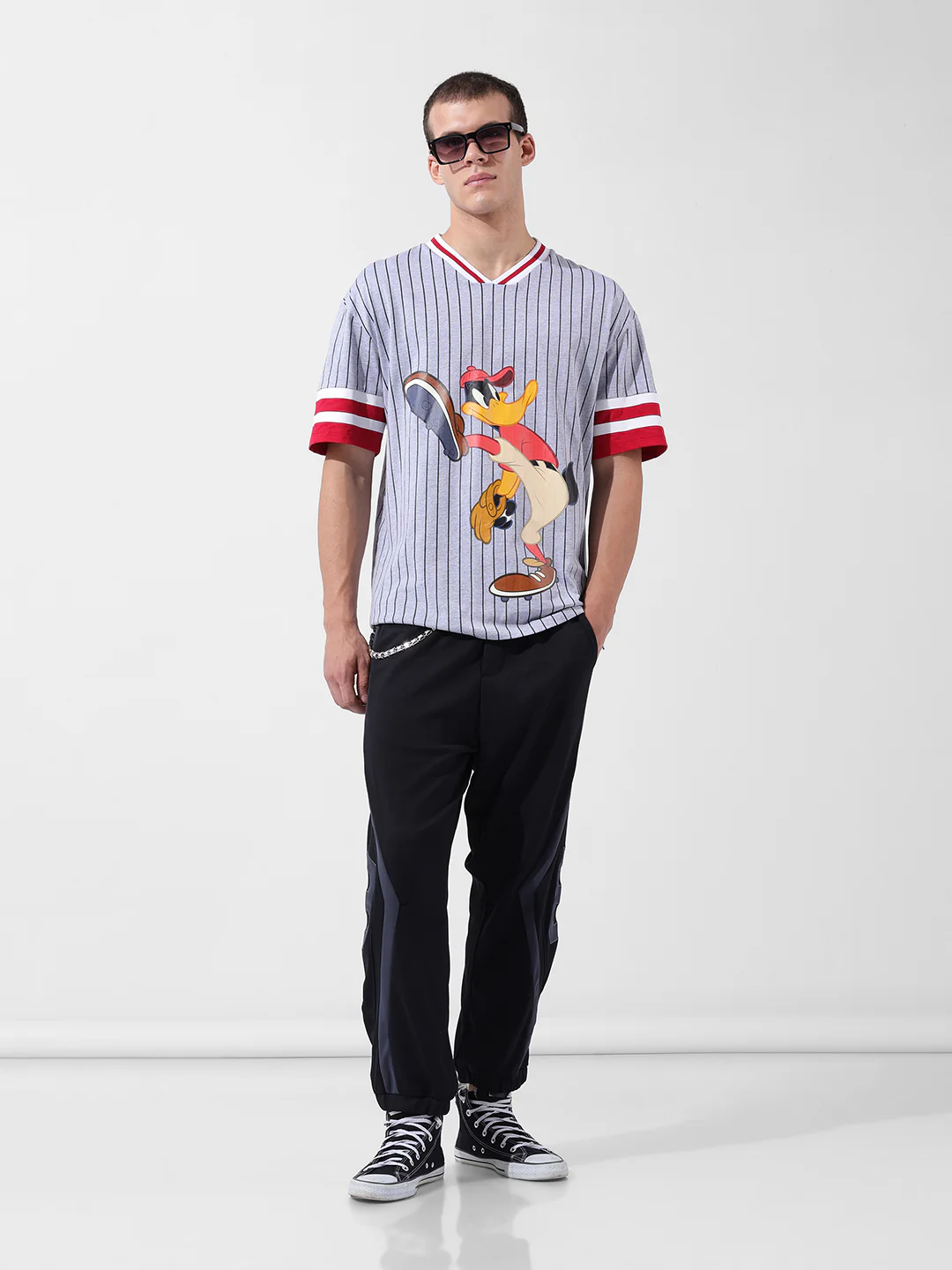 Men's Grey Boxy Fit Cartoon Character Printed V-Neck T-Shirt - Image 9