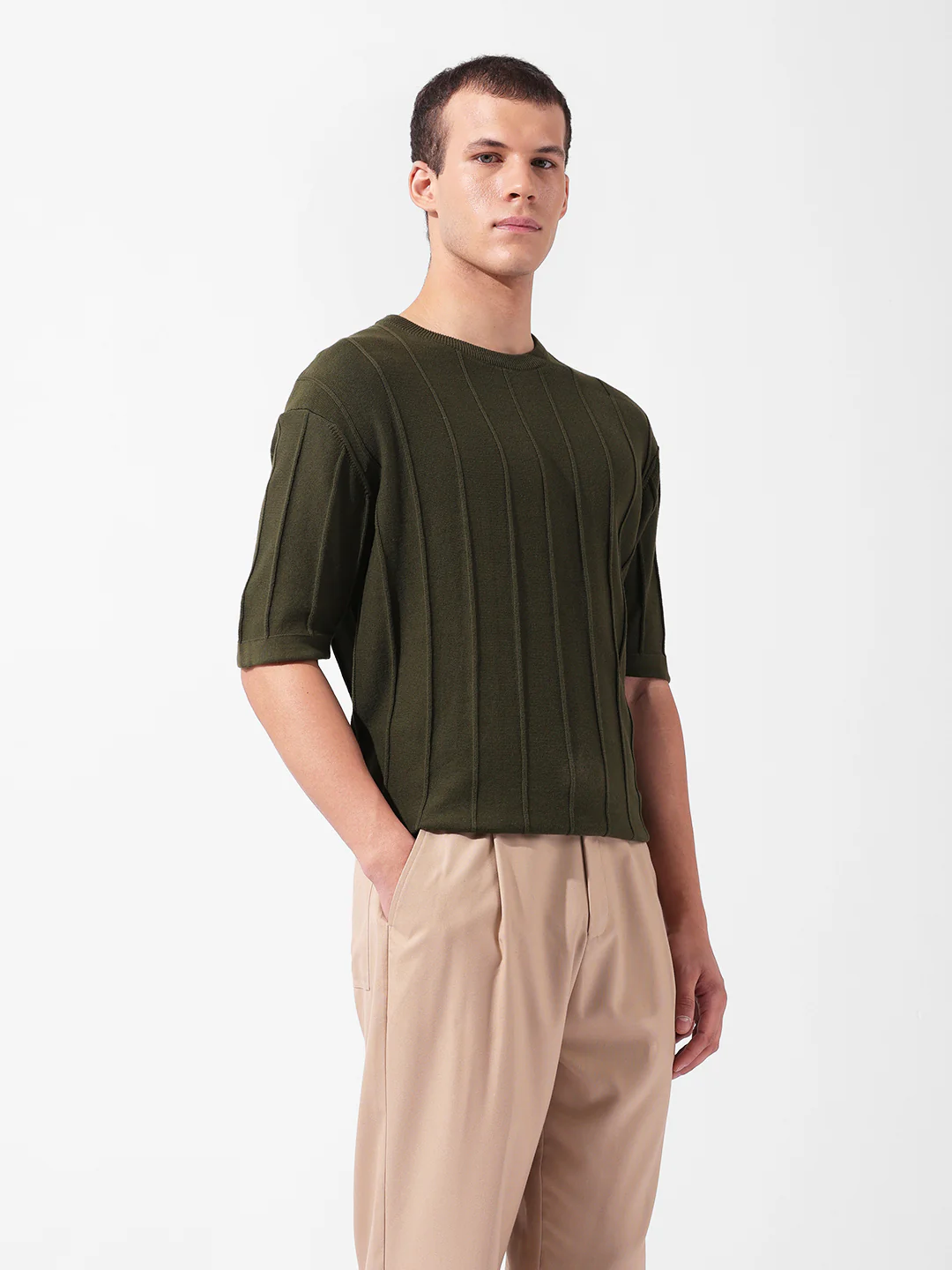 Men's Green Oversized Fit Textured Flat Knit Crew Neck T-Shirt - Image 2