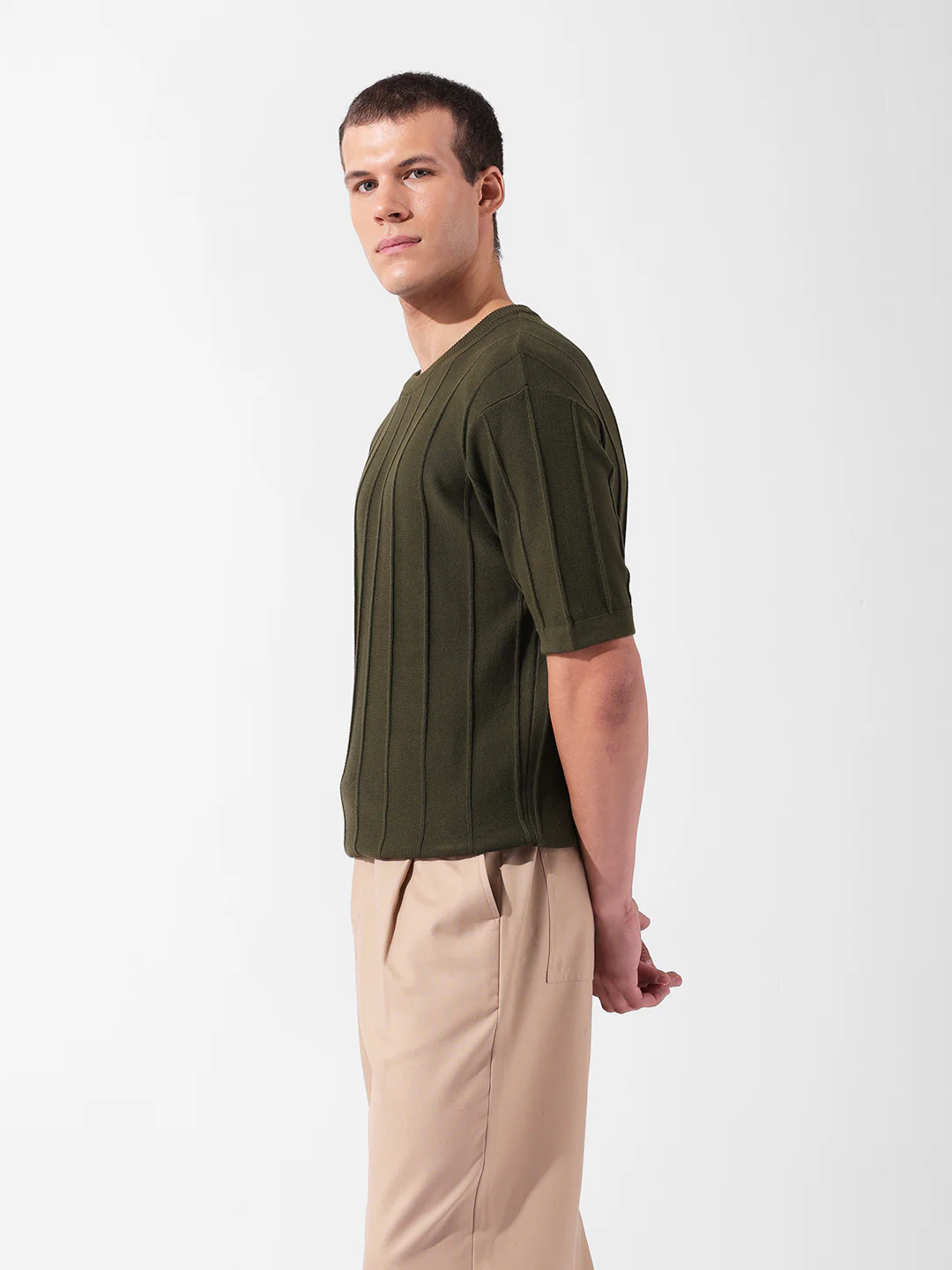 Men's Green Oversized Fit Textured Flat Knit Crew Neck T-Shirt - Image 3