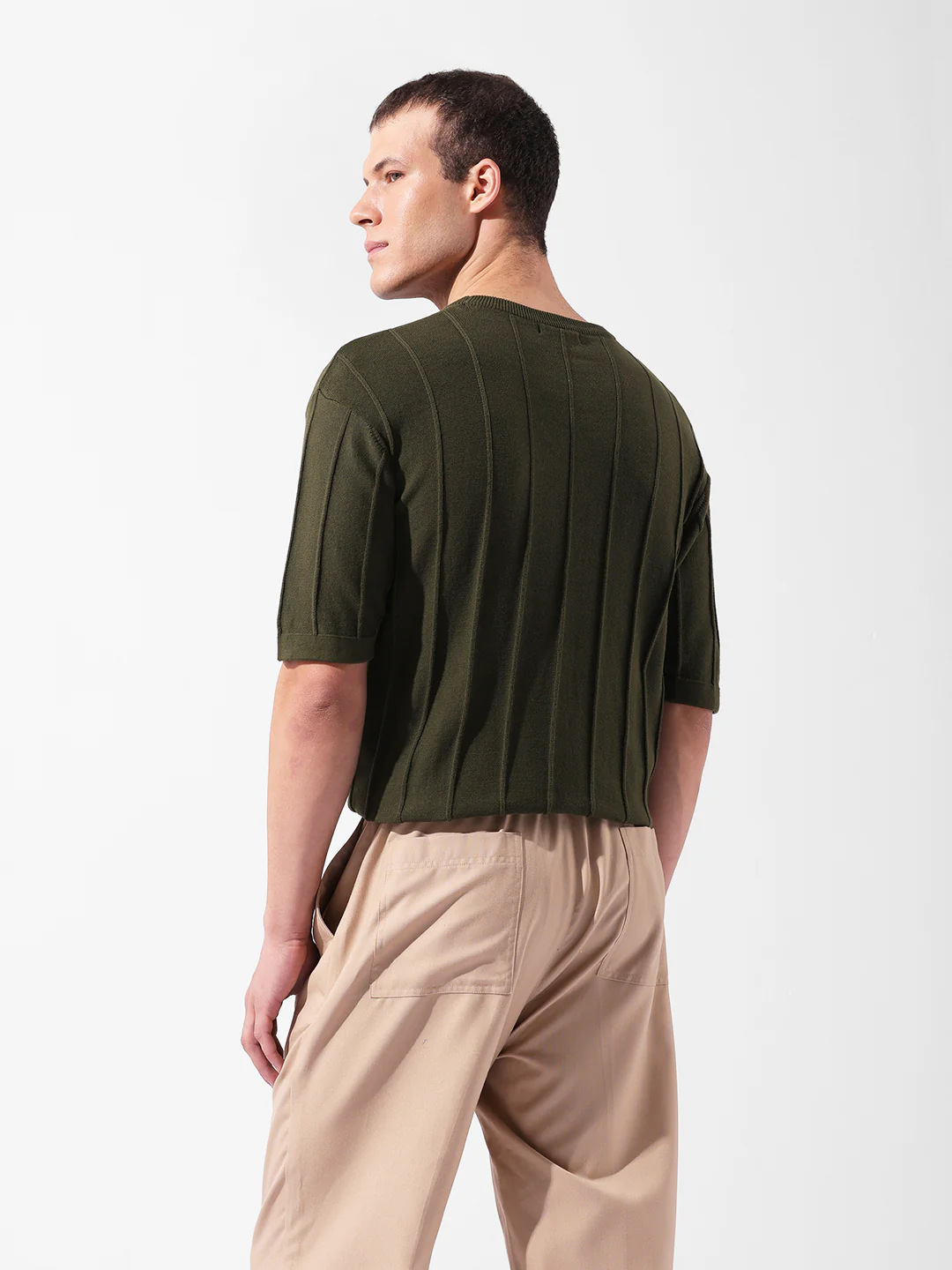 Men's Green Oversized Fit Textured Flat Knit Crew Neck T-Shirt - Image 4