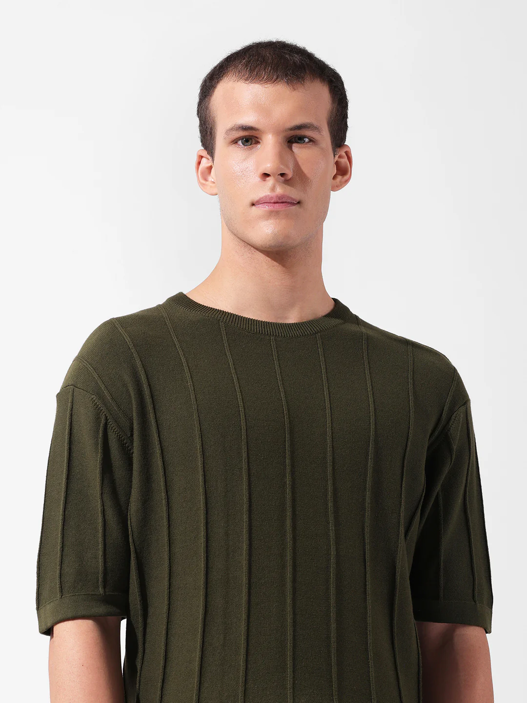 Men's Green Oversized Fit Textured Flat Knit Crew Neck T-Shirt - Image 5