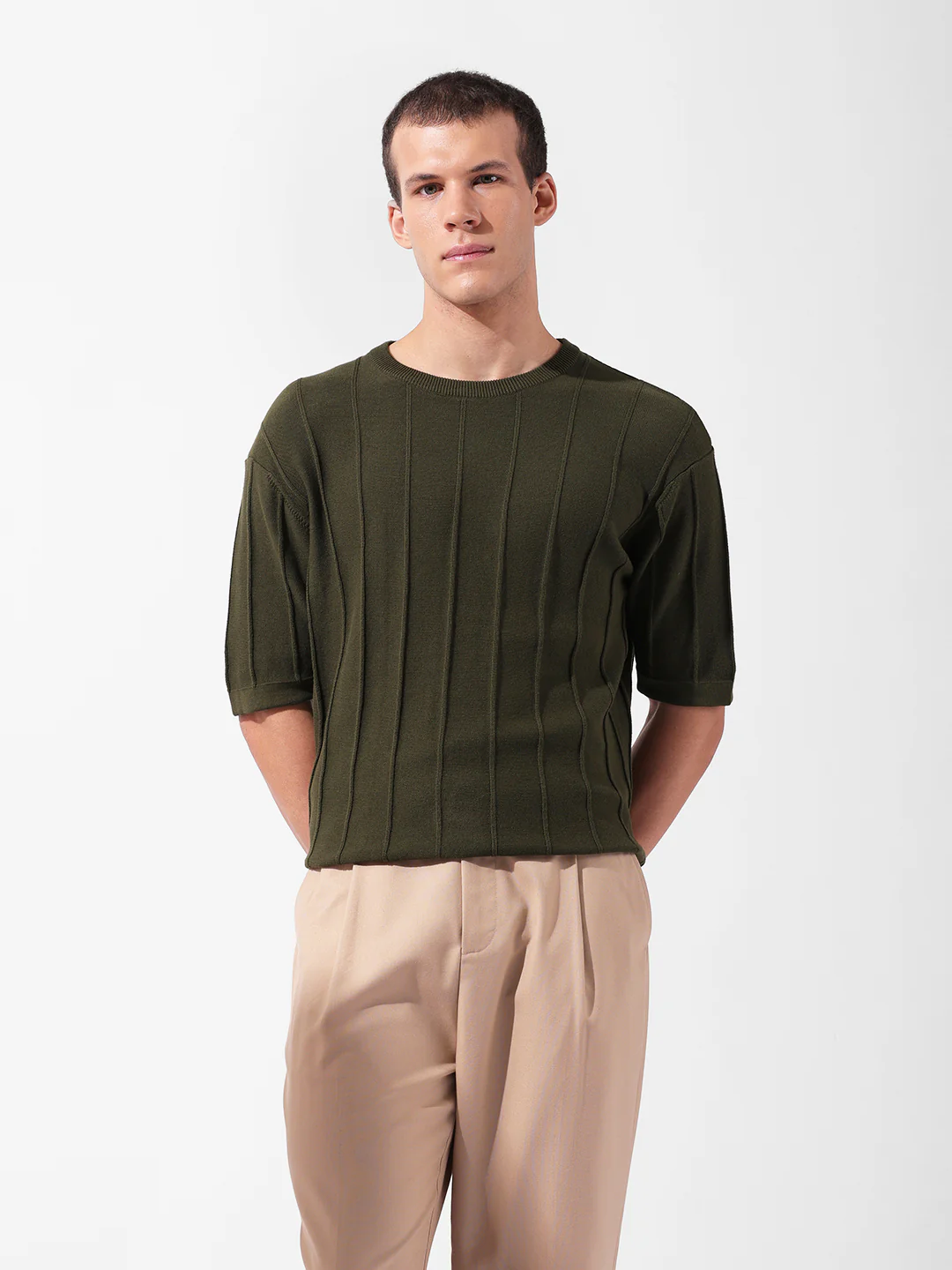 Men's Green Oversized Fit Textured Flat Knit Crew Neck T-Shirt - Image 7
