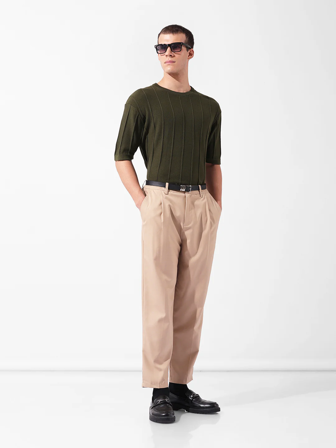 Men's Green Oversized Fit Textured Flat Knit Crew Neck T-Shirt - Image 8