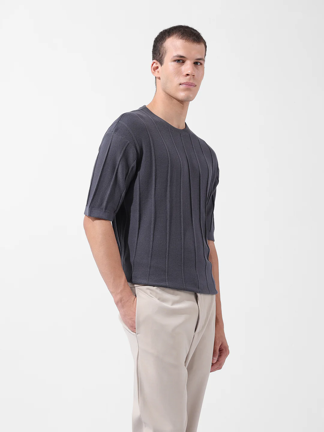 Men's Grey Oversized Fit Textured Flat Knit Crew Neck T-Shirt - Image 2