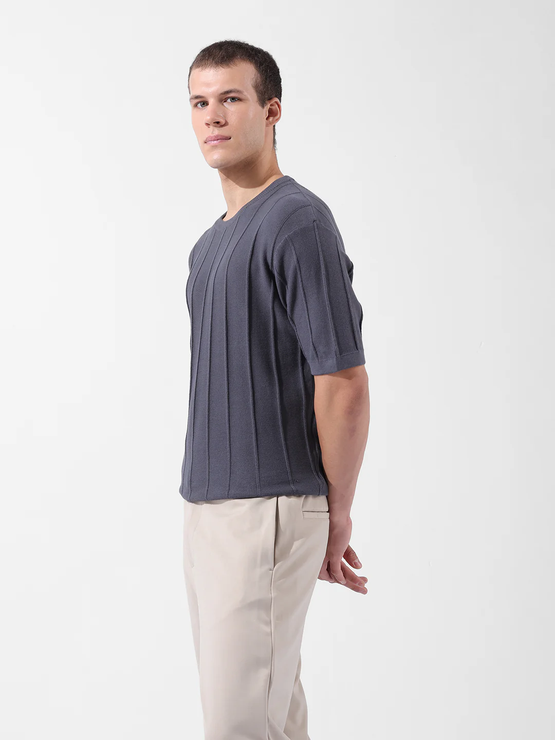 Men's Grey Oversized Fit Textured Flat Knit Crew Neck T-Shirt - Image 3