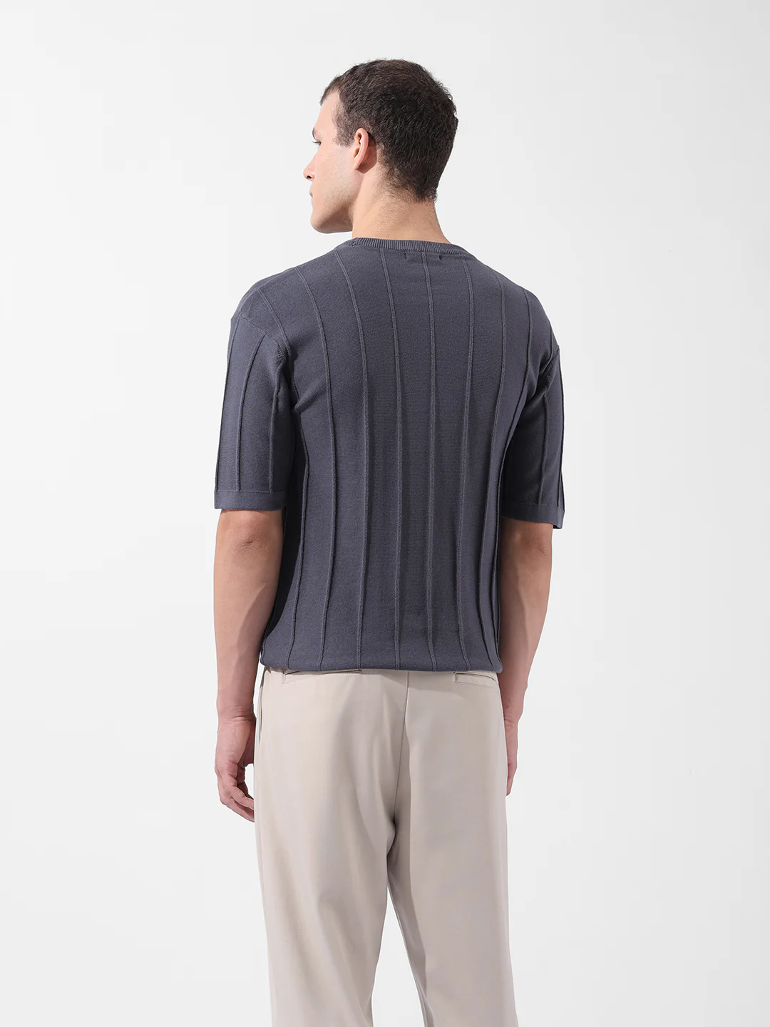 Men's Grey Oversized Fit Textured Flat Knit Crew Neck T-Shirt - Image 4