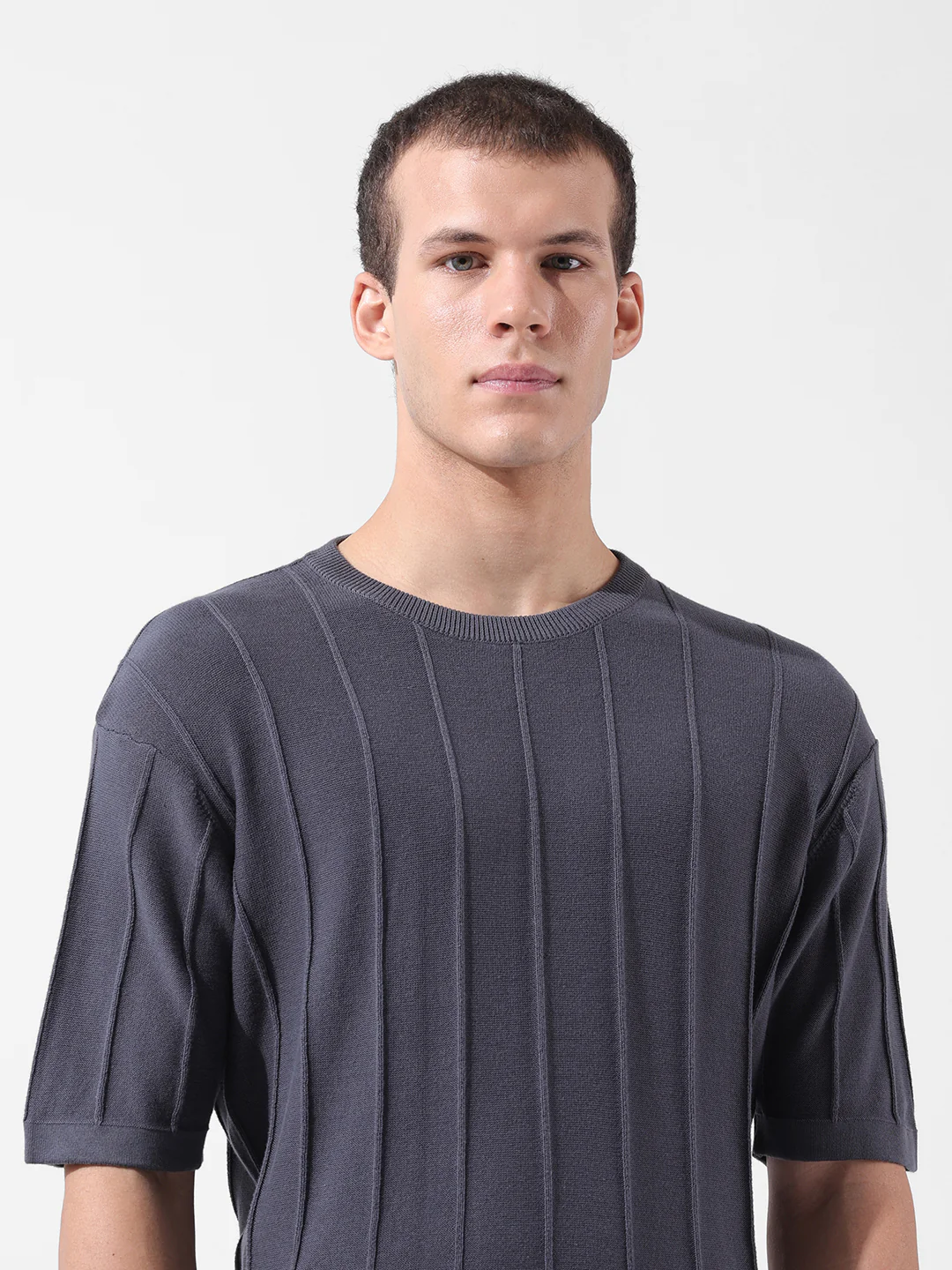 Men's Grey Oversized Fit Textured Flat Knit Crew Neck T-Shirt - Image 5