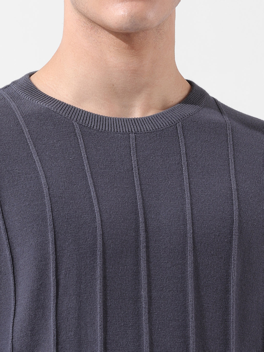 Men's Grey Oversized Fit Textured Flat Knit Crew Neck T-Shirt - Image 6