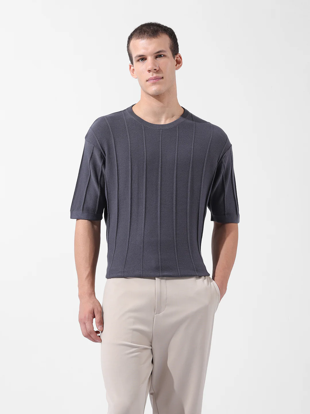 Men's Grey Oversized Fit Textured Flat Knit Crew Neck T-Shirt - Image 7