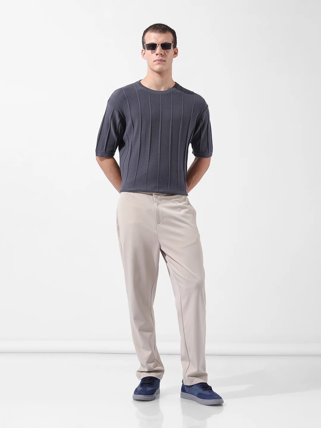 Men's Grey Oversized Fit Textured Flat Knit Crew Neck T-Shirt - Image 8