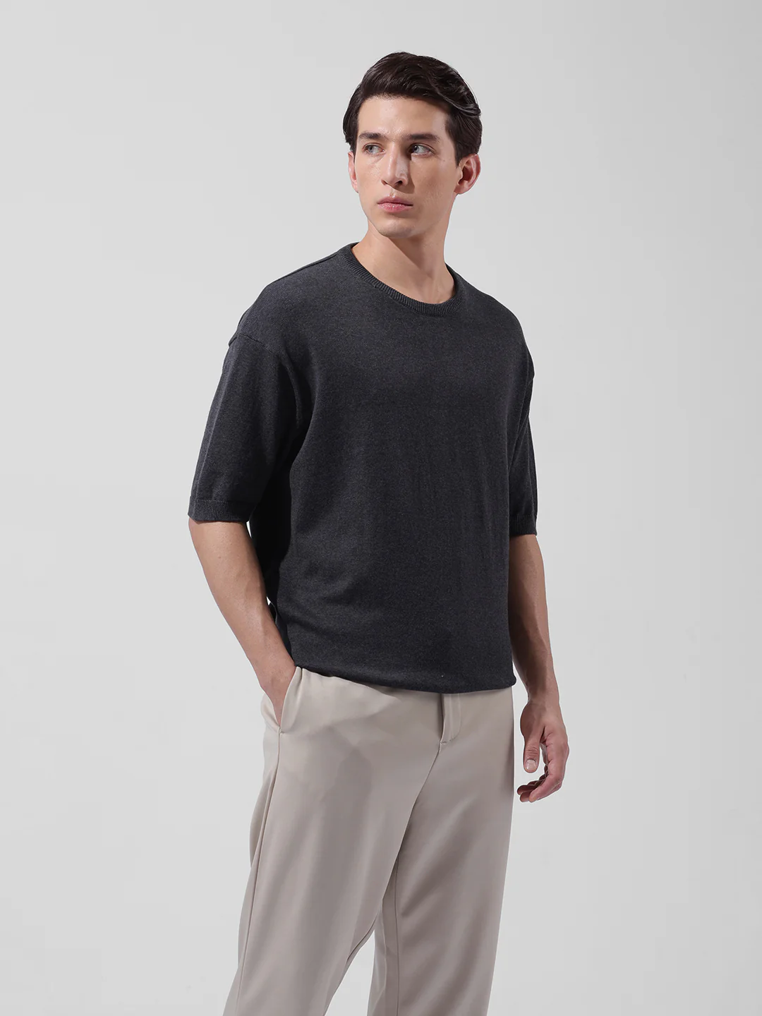 Men's Grey Oversized Fit Textured Flat Knit Crew Neck T-Shirt - Image 2