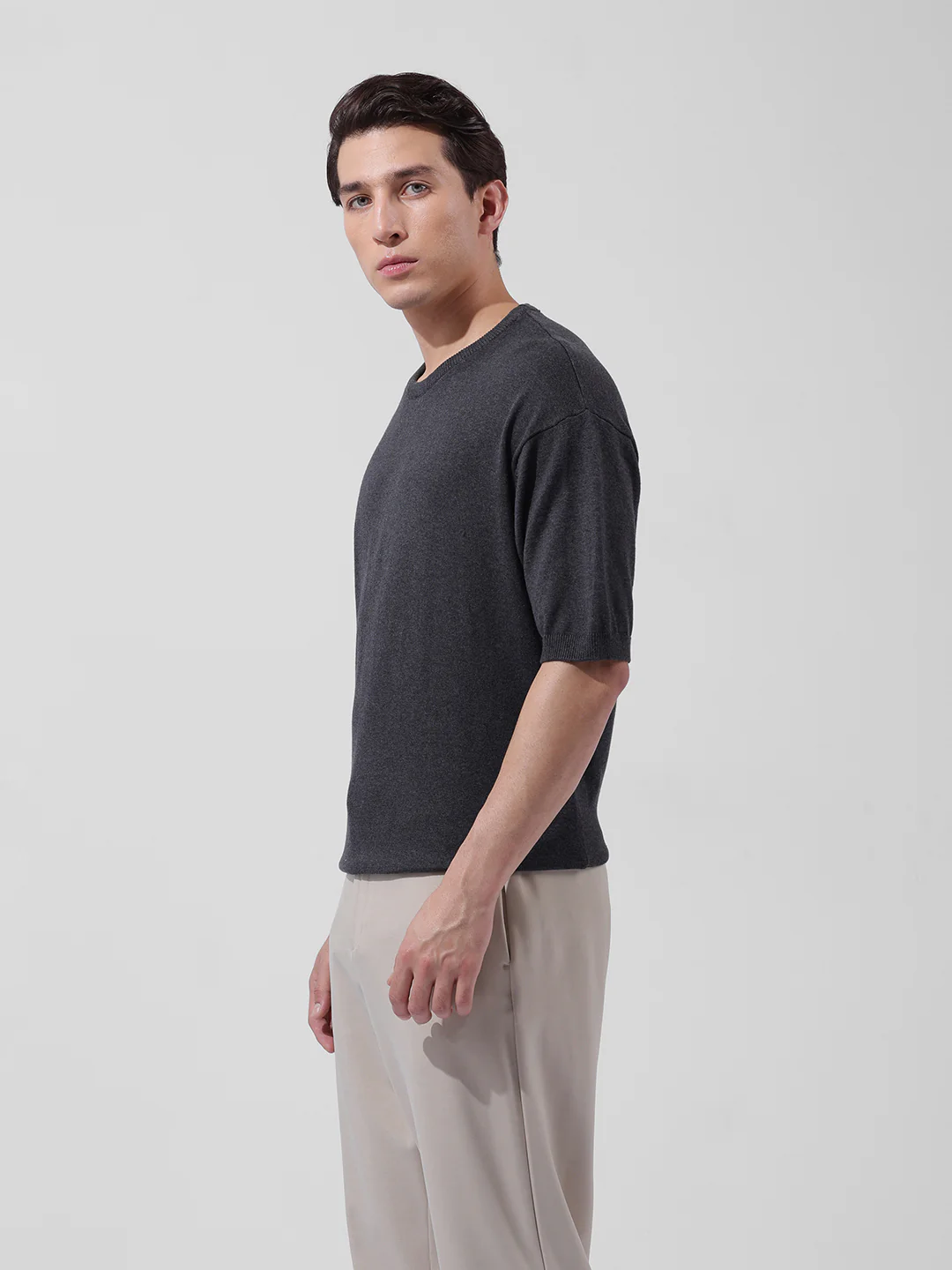 Men's Grey Oversized Fit Textured Flat Knit Crew Neck T-Shirt - Image 3