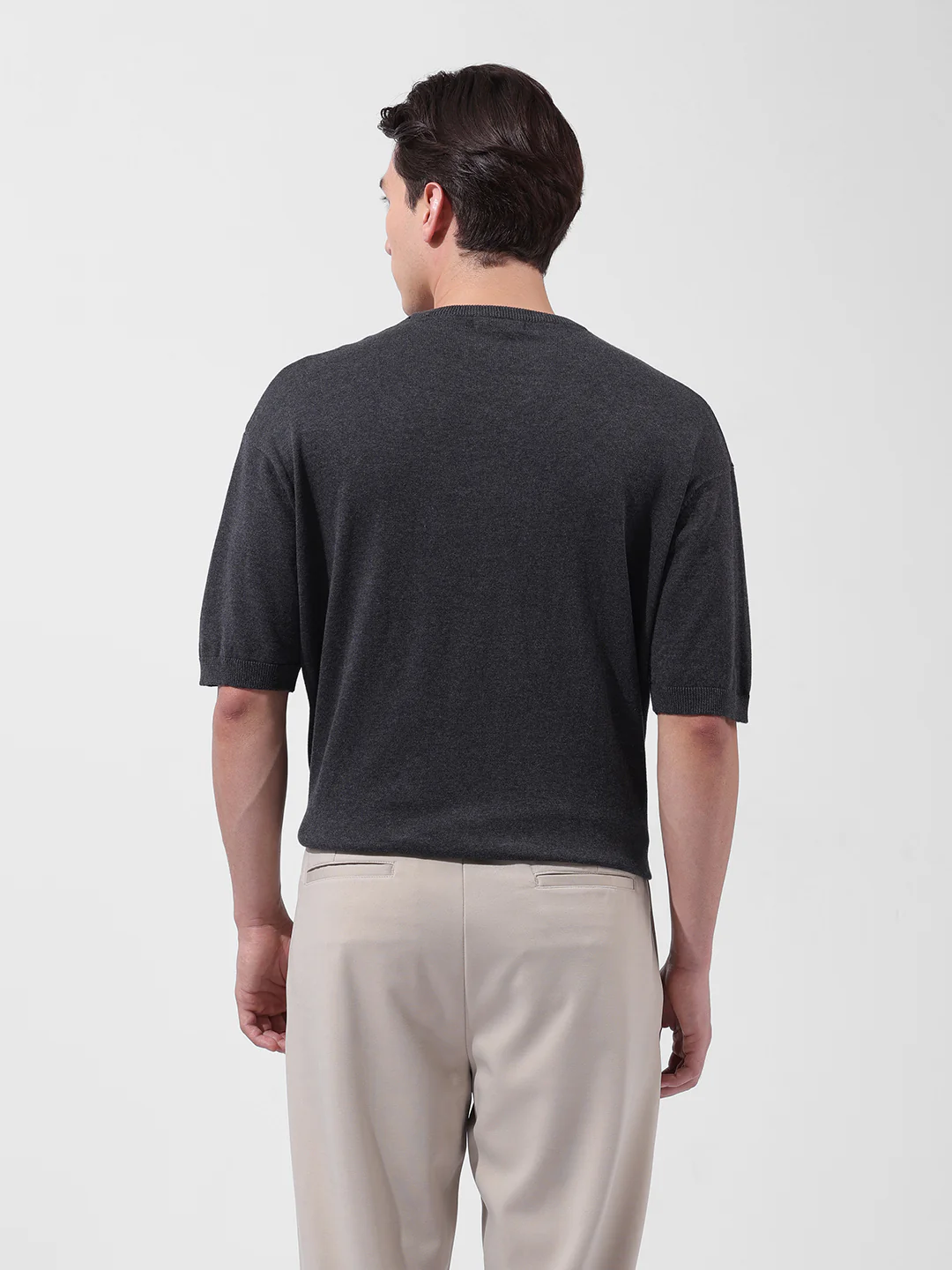 Men's Grey Oversized Fit Textured Flat Knit Crew Neck T-Shirt - Image 4