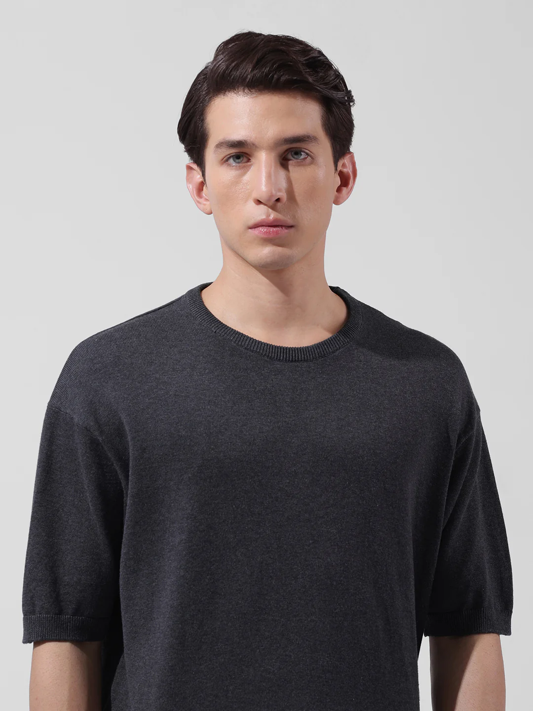 Men's Grey Oversized Fit Textured Flat Knit Crew Neck T-Shirt - Image 5