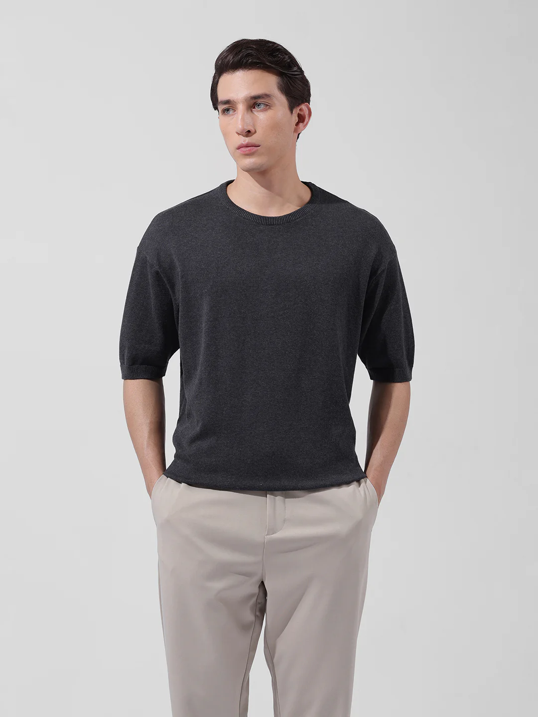 Men's Grey Oversized Fit Textured Flat Knit Crew Neck T-Shirt - Image 7