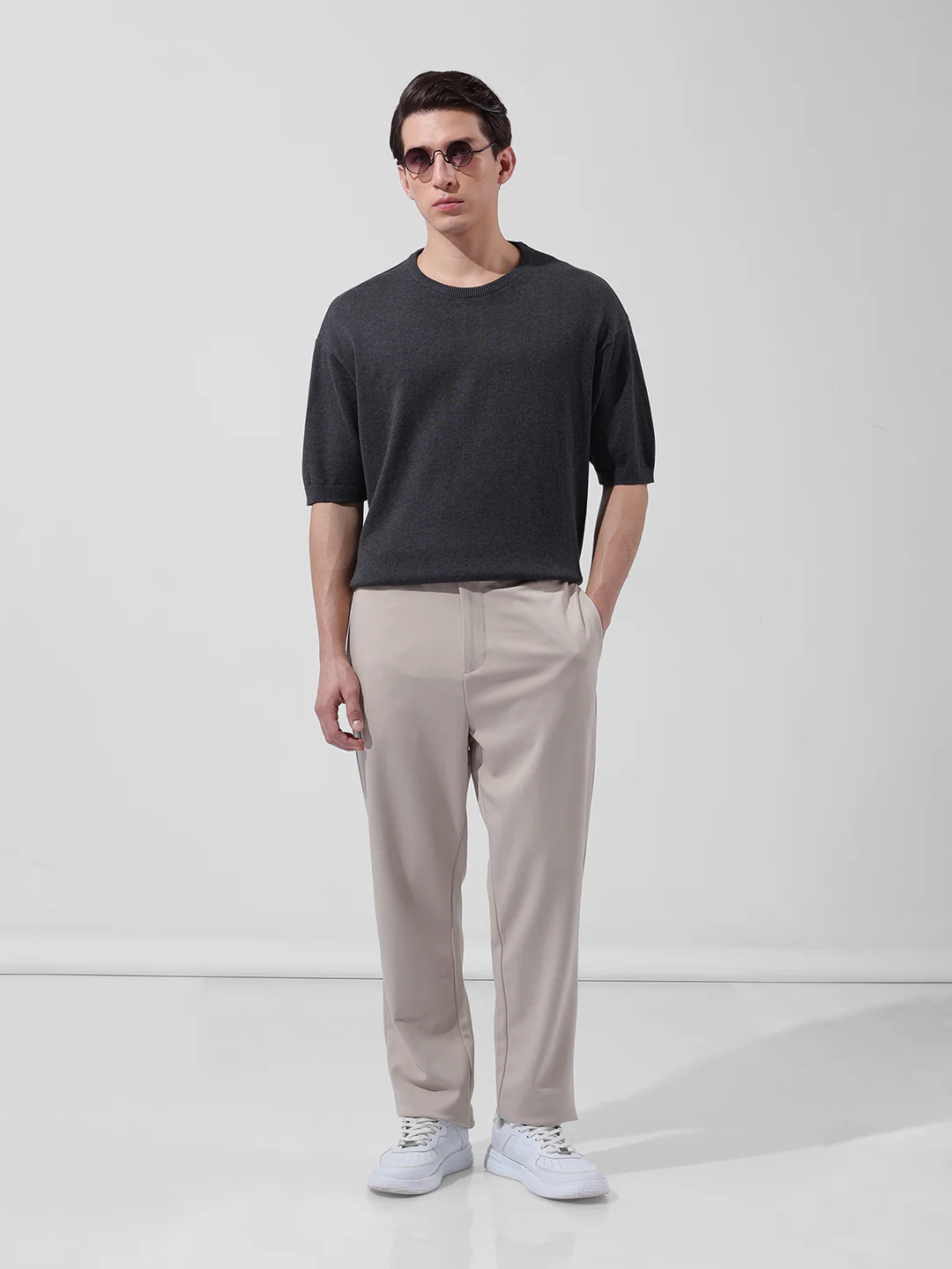 Men's Grey Oversized Fit Textured Flat Knit Crew Neck T-Shirt - Image 8