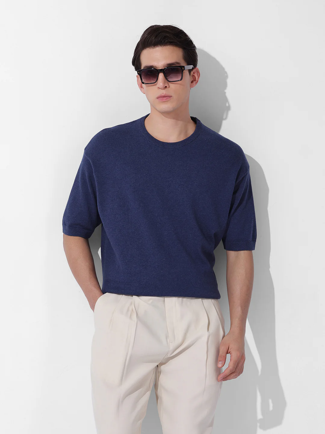 Men's Navy Blue Oversized Fit Textured Flat Knit Crew Neck T-Shirt - Image 2