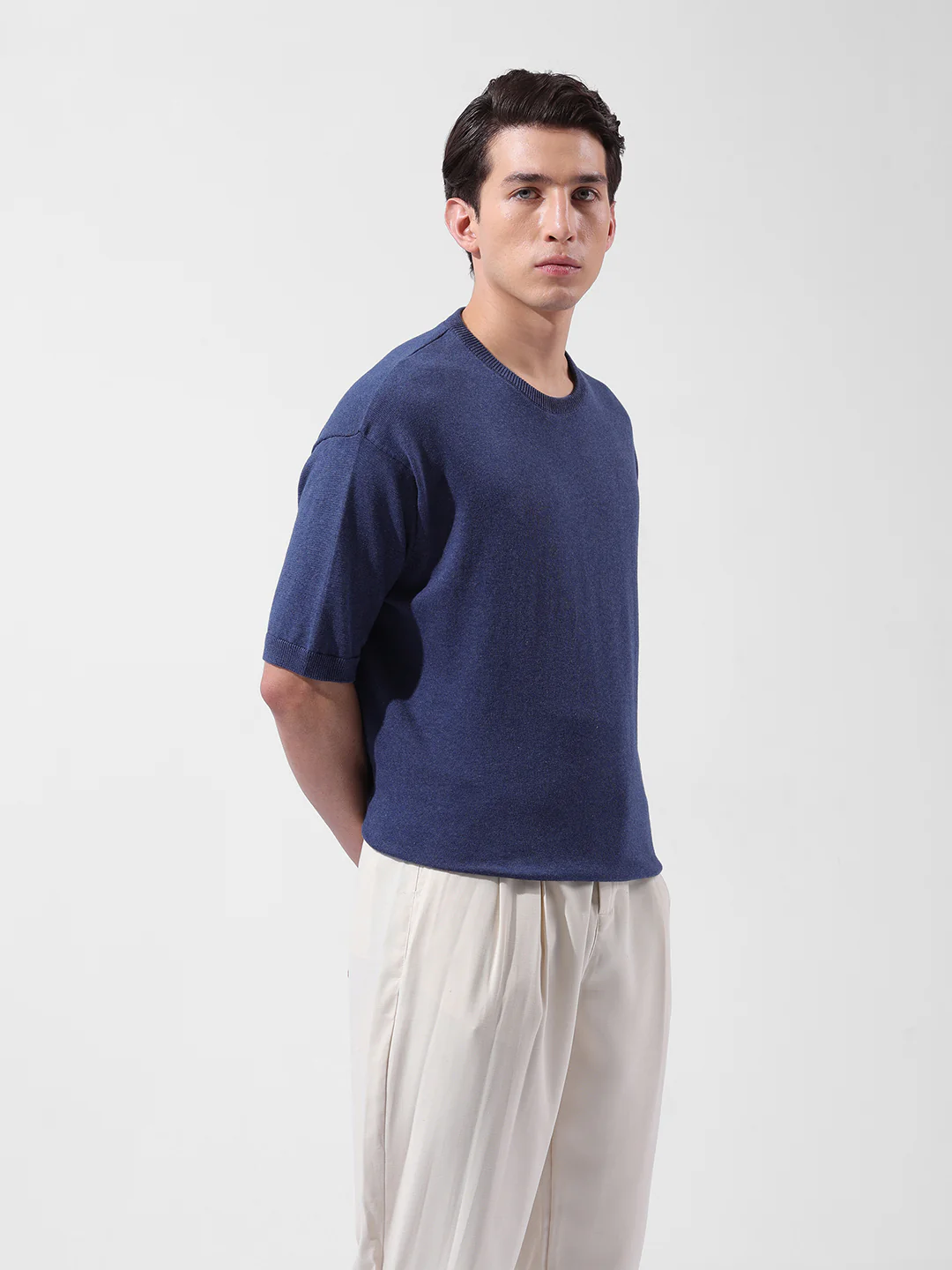 Men's Navy Blue Oversized Fit Textured Flat Knit Crew Neck T-Shirt - Image 3