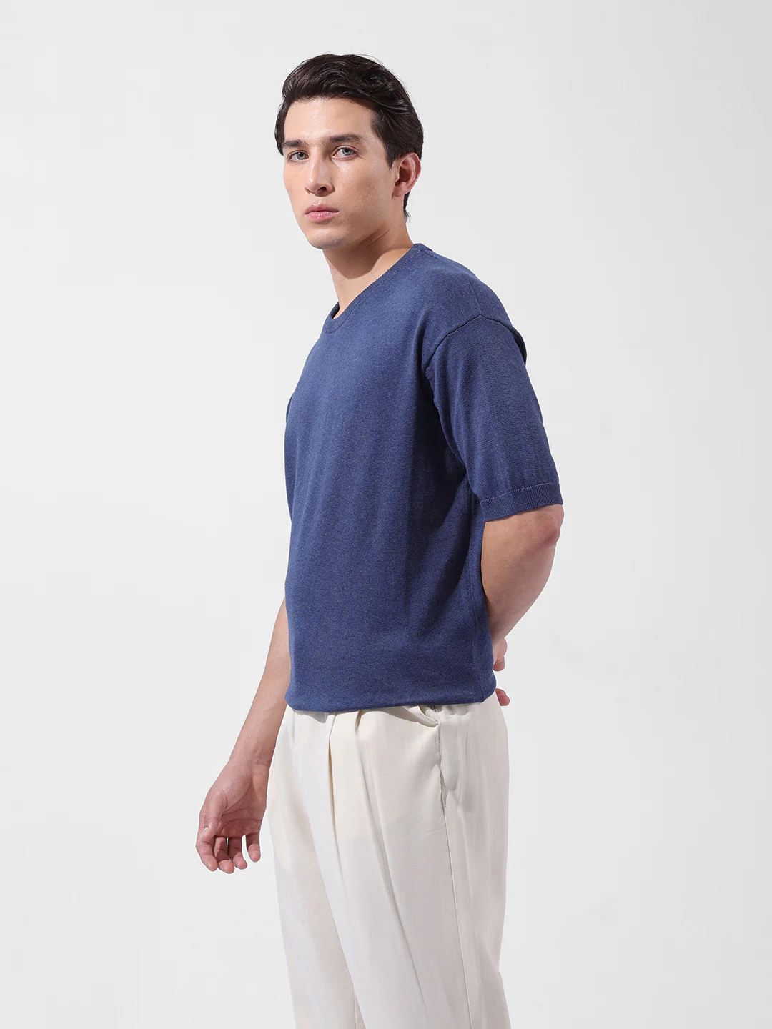 Men's Navy Blue Oversized Fit Textured Flat Knit Crew Neck T-Shirt - Image 4