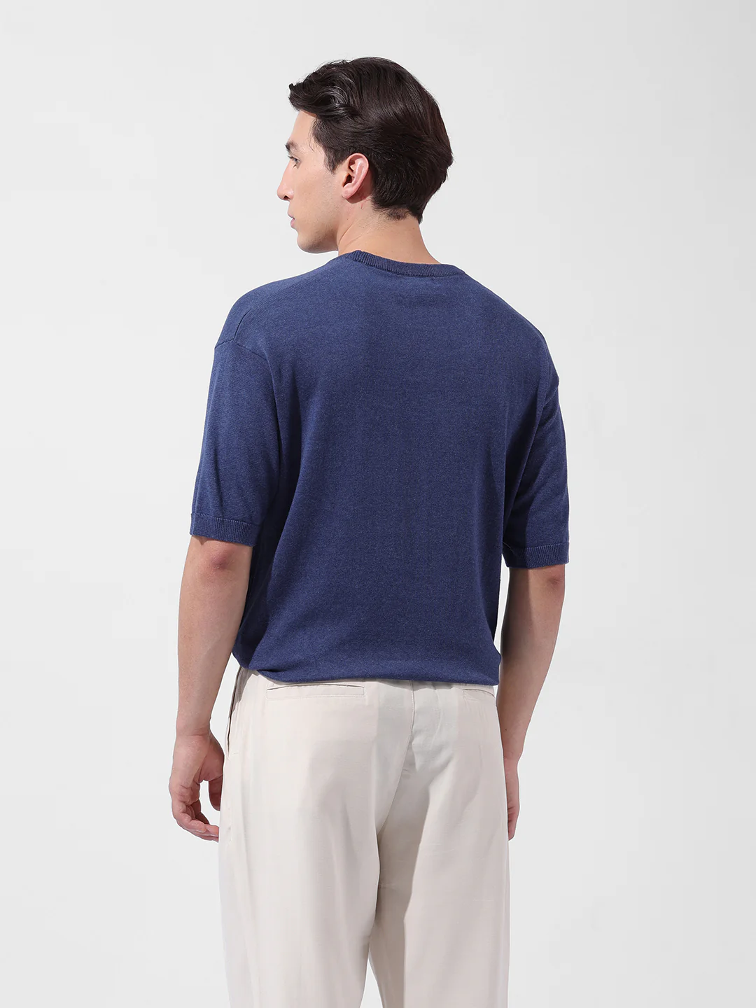 Men's Navy Blue Oversized Fit Textured Flat Knit Crew Neck T-Shirt - Image 5