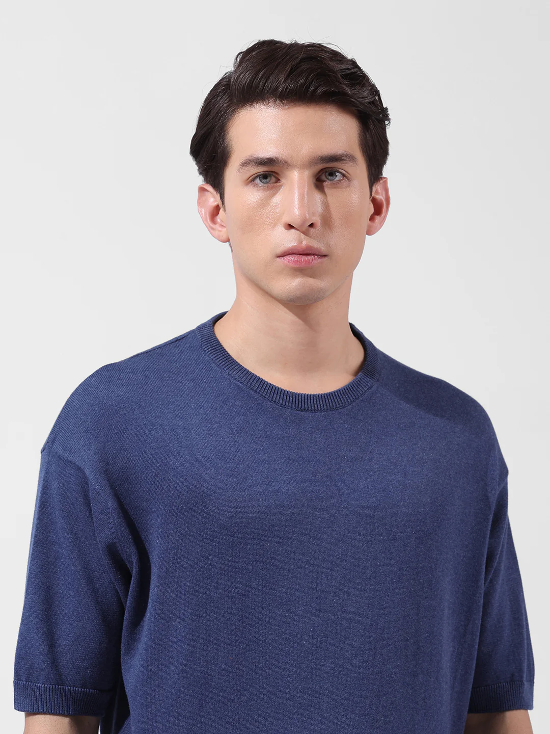 Men's Navy Blue Oversized Fit Textured Flat Knit Crew Neck T-Shirt - Image 6