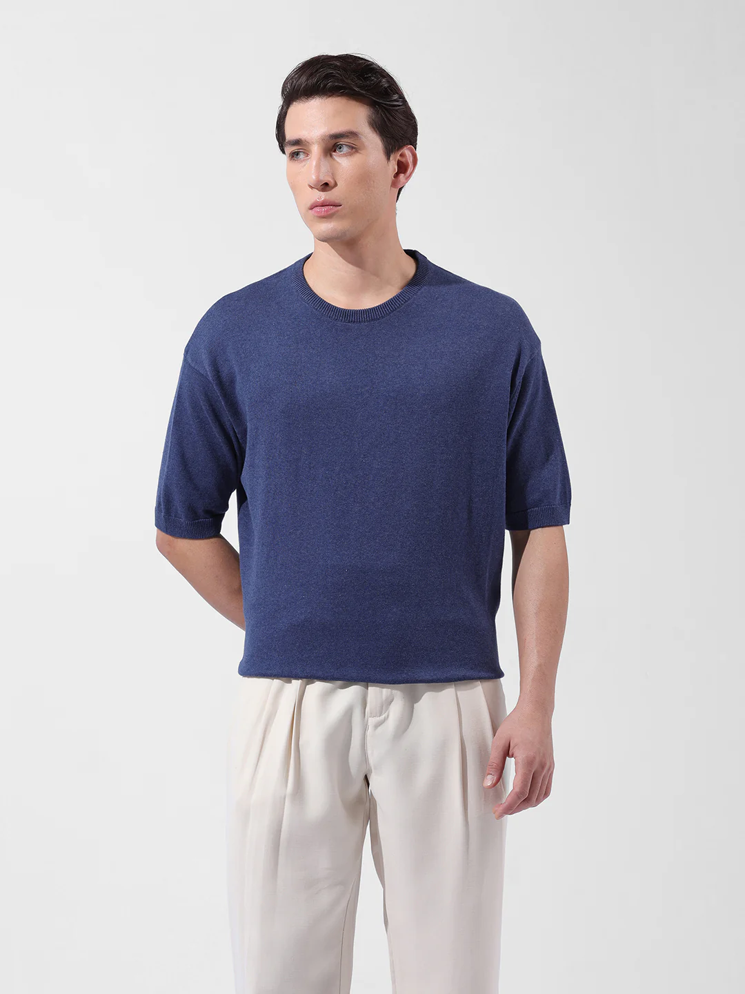 Men's Navy Blue Oversized Fit Textured Flat Knit Crew Neck T-Shirt - Image 8
