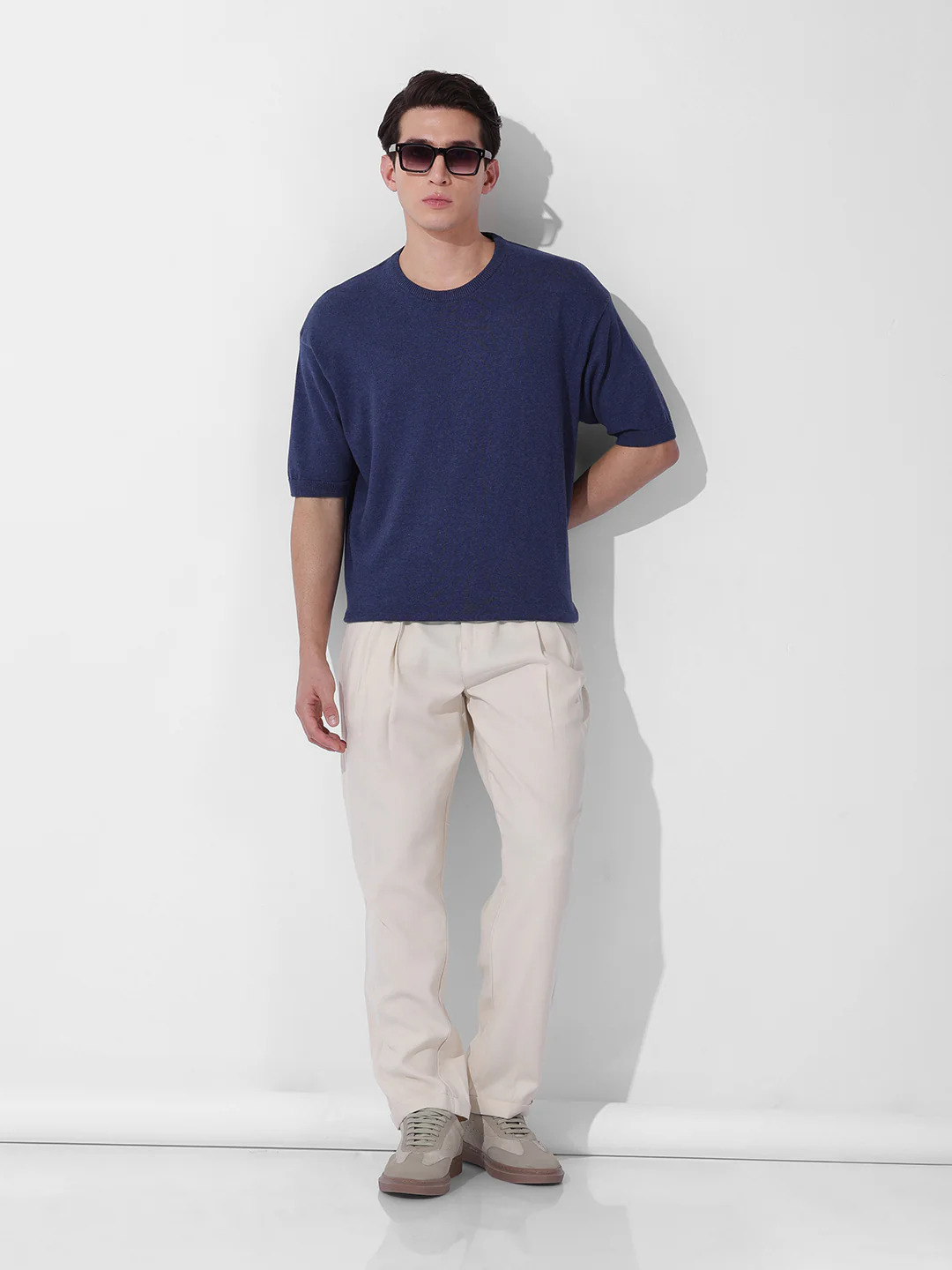 Men's Navy Blue Oversized Fit Textured Flat Knit Crew Neck T-Shirt - Image 9