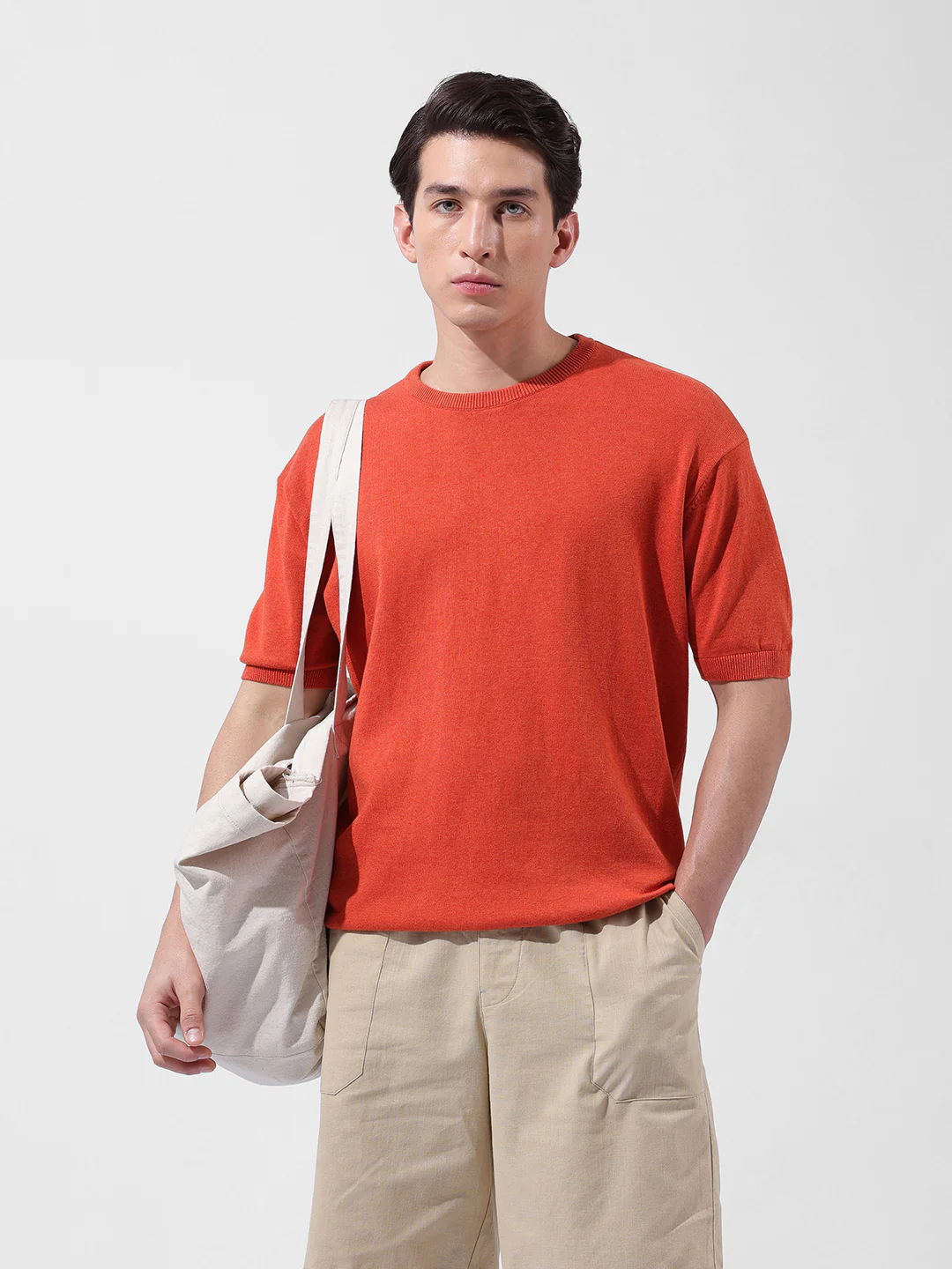 Men's Orange Oversized Fit Textured Flat Knit Crew Neck T-Shirt - Image 2