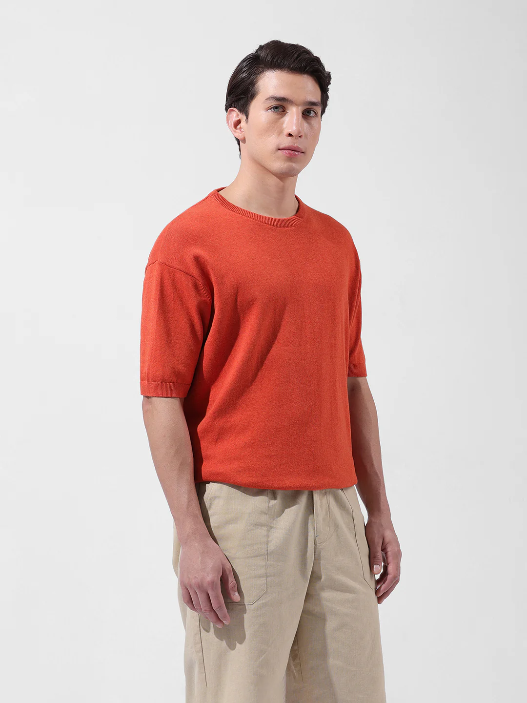 Men's Orange Oversized Fit Textured Flat Knit Crew Neck T-Shirt - Image 3