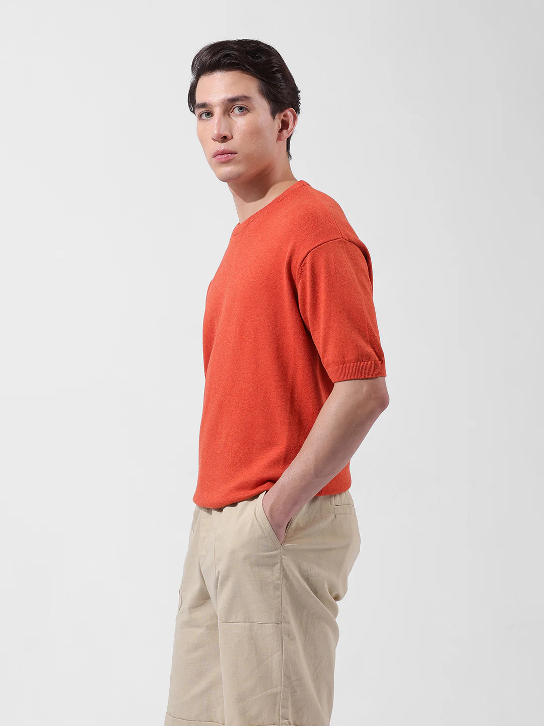 Men's Orange Oversized Fit Textured Flat Knit Crew Neck T-Shirt - Image 4