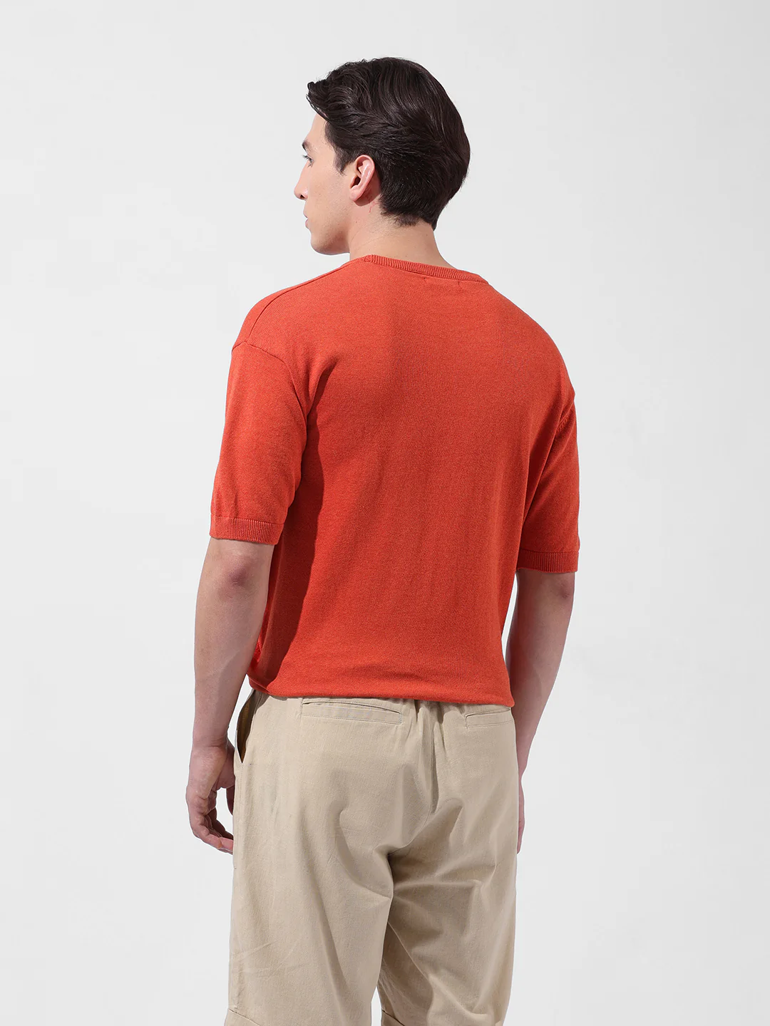 Men's Orange Oversized Fit Textured Flat Knit Crew Neck T-Shirt - Image 5