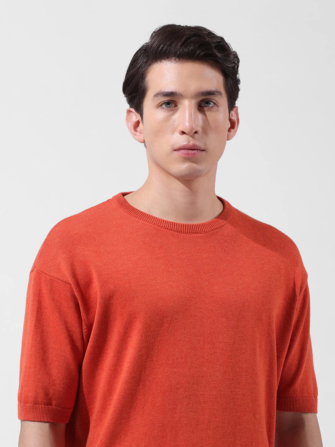 Men's Orange Oversized Fit Textured Flat Knit Crew Neck T-Shirt - Image 6