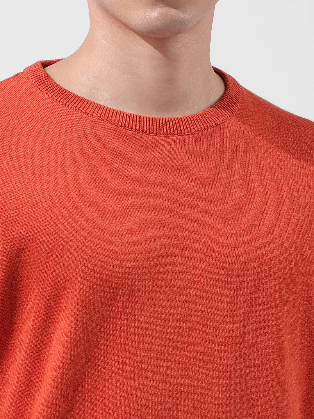 Men's Orange Oversized Fit Textured Flat Knit Crew Neck T-Shirt - Image 7