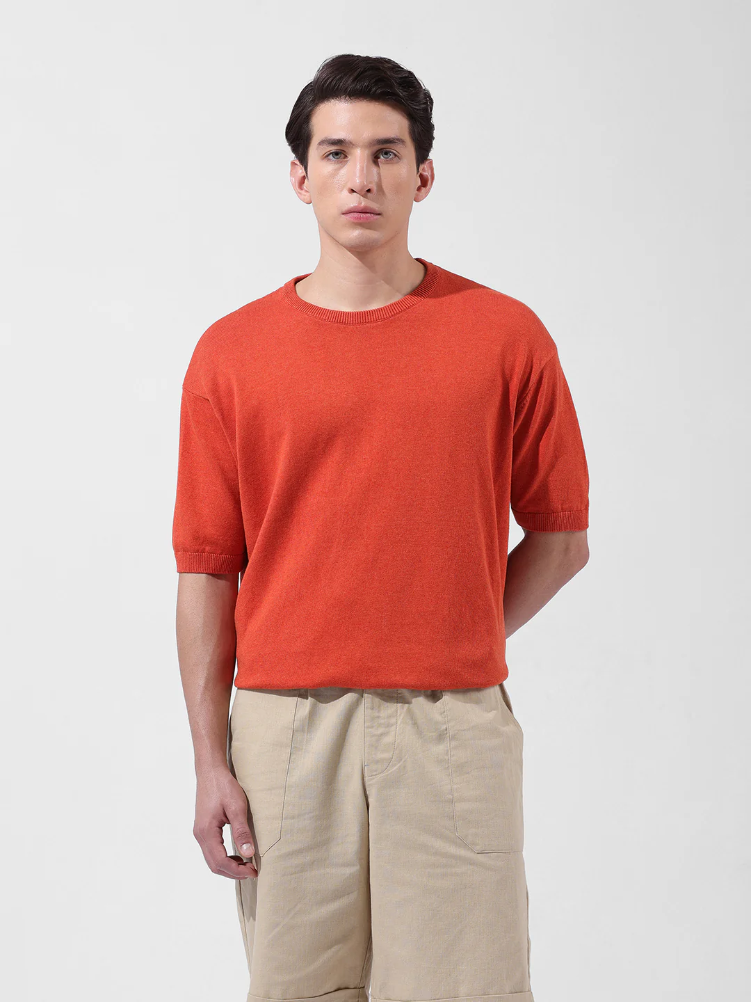 Men's Orange Oversized Fit Textured Flat Knit Crew Neck T-Shirt - Image 8