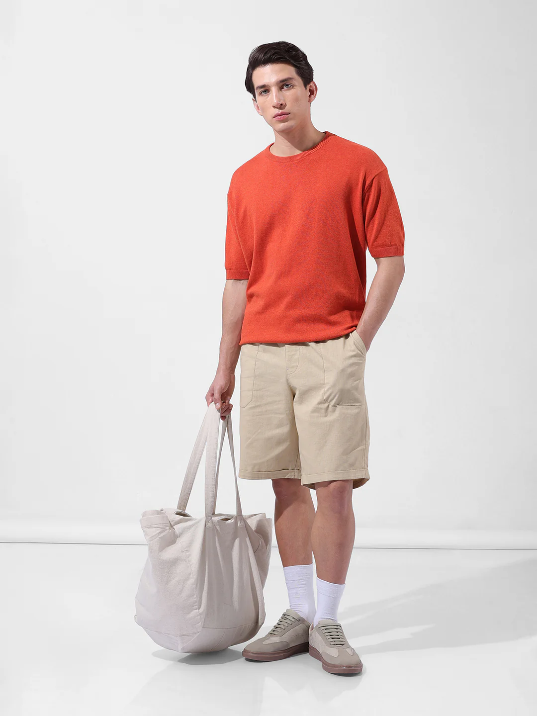 Men's Orange Oversized Fit Textured Flat Knit Crew Neck T-Shirt - Image 9