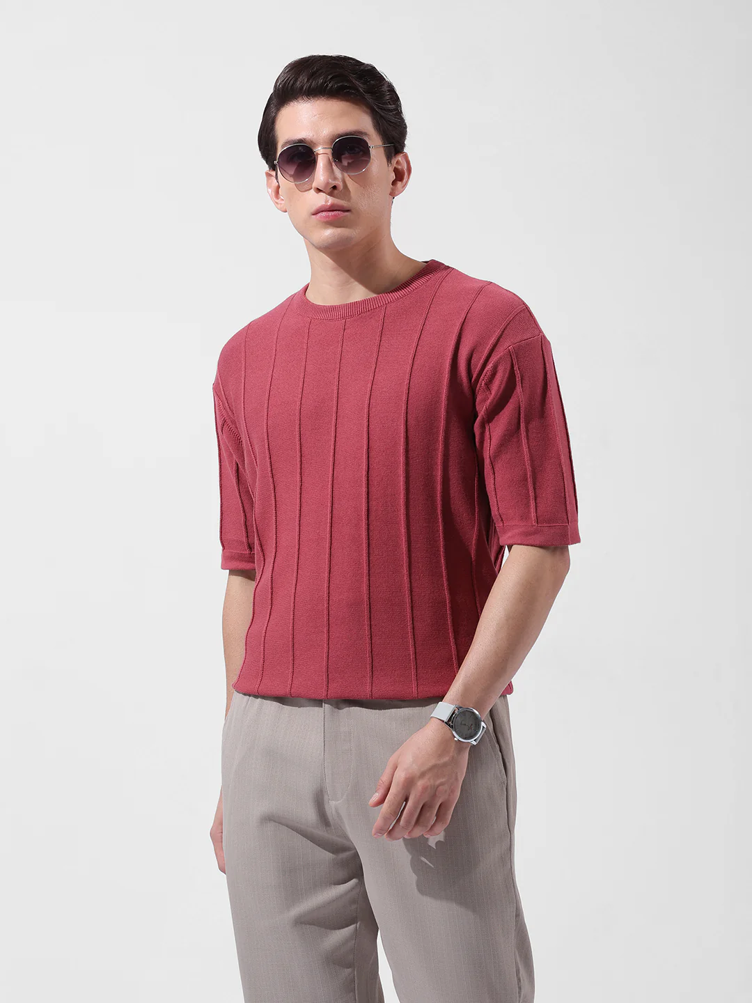 Men's Rust Oversized Fit Textured Flat Knit Crew Neck T-Shirt - Image 2