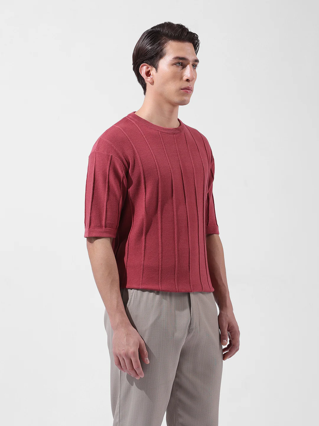 Men's Rust Oversized Fit Textured Flat Knit Crew Neck T-Shirt - Image 3