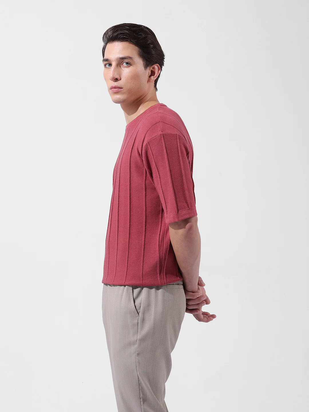 Men's Rust Oversized Fit Textured Flat Knit Crew Neck T-Shirt - Image 4
