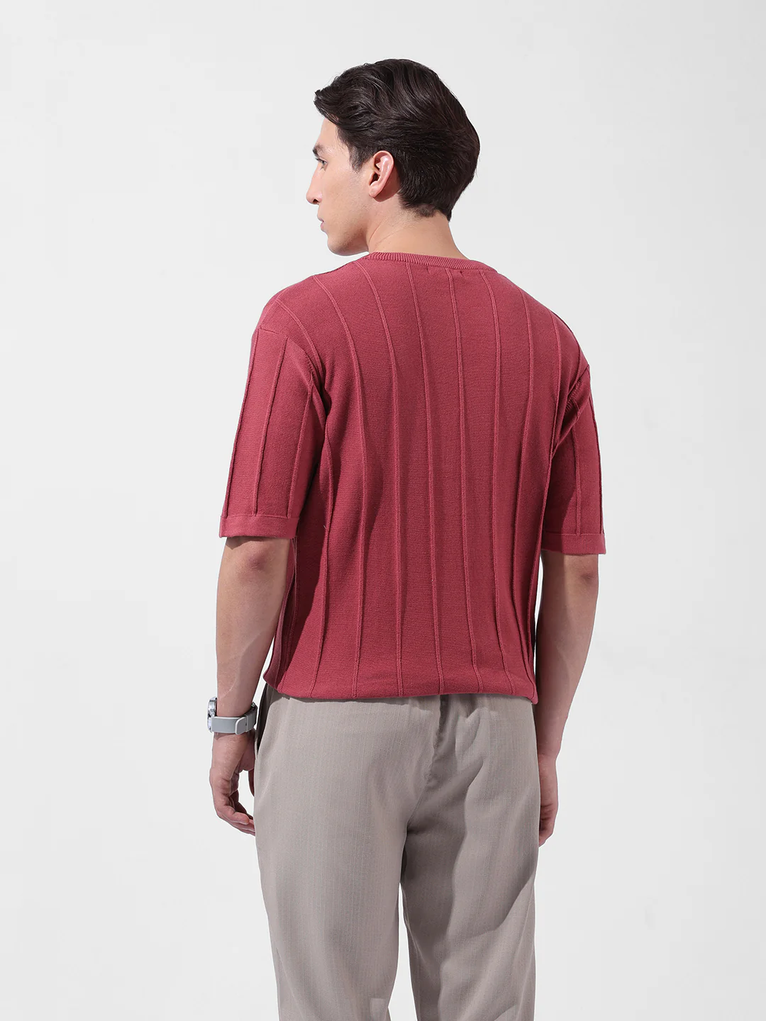 Men's Rust Oversized Fit Textured Flat Knit Crew Neck T-Shirt - Image 5