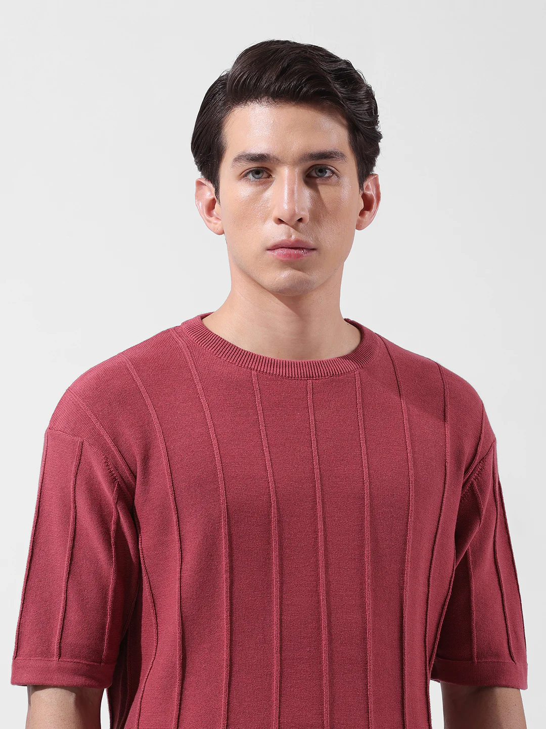 Men's Rust Oversized Fit Textured Flat Knit Crew Neck T-Shirt - Image 6
