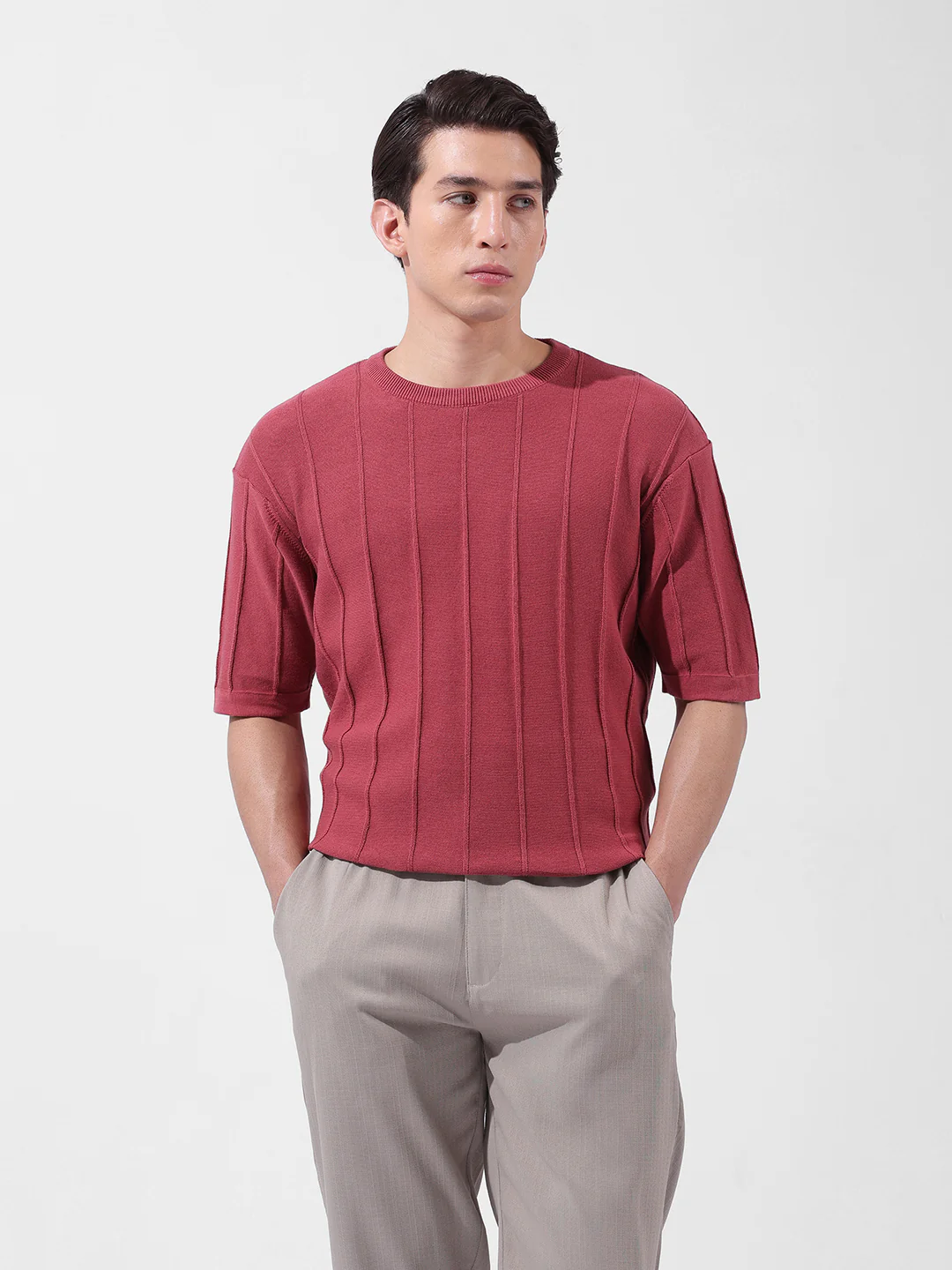 Men's Rust Oversized Fit Textured Flat Knit Crew Neck T-Shirt - Image 8